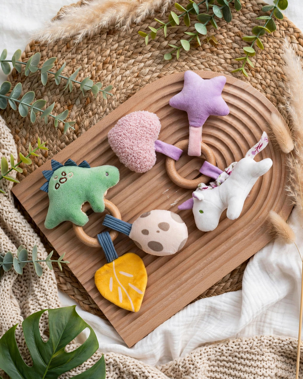 Wooden Teething Ring with Plush Unicorn & Dinosaur Rattle