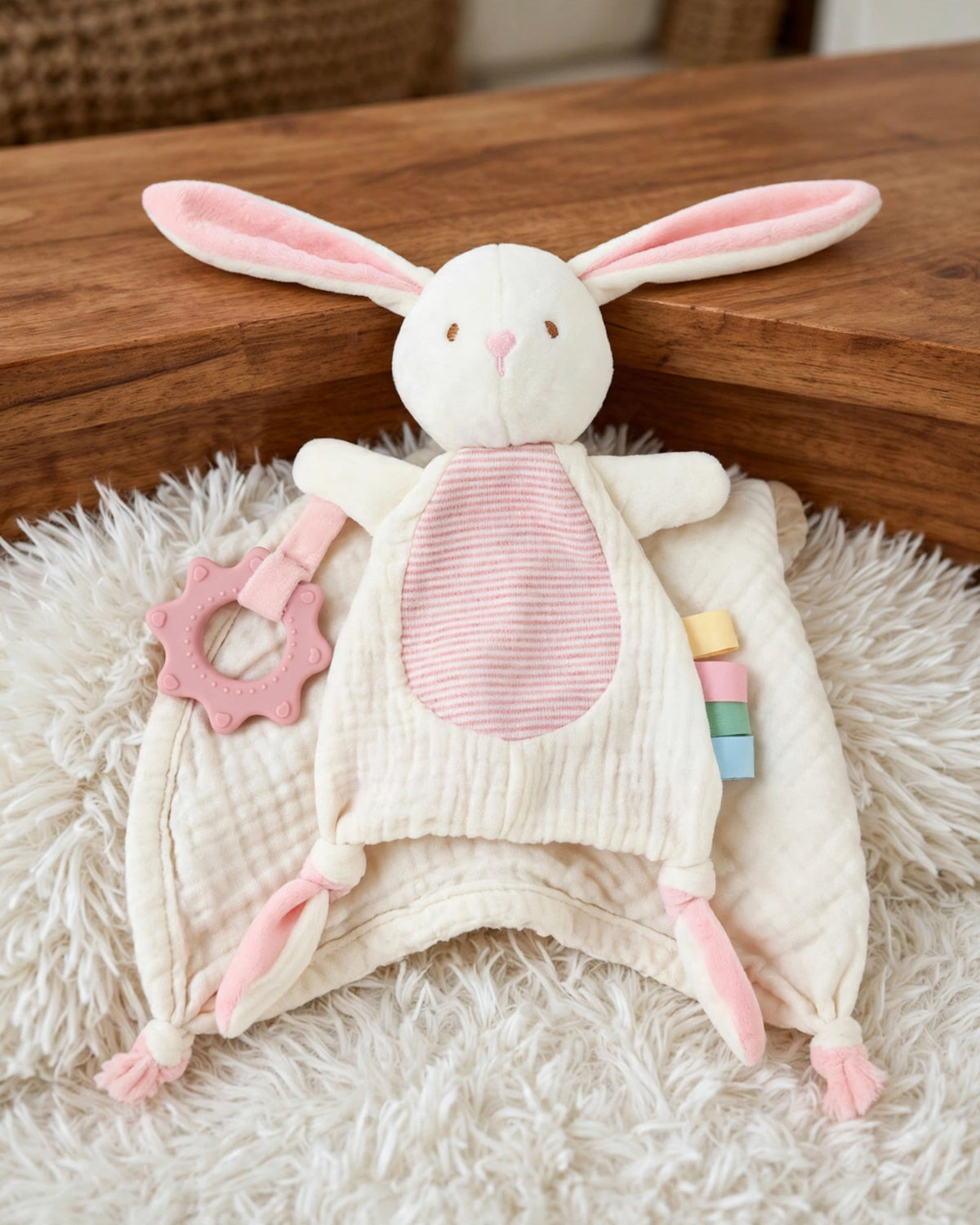 Infant Plush Rabbit Comfort Blanket β Sensory Cloth Book, Teething Ring & Hanging Toy
