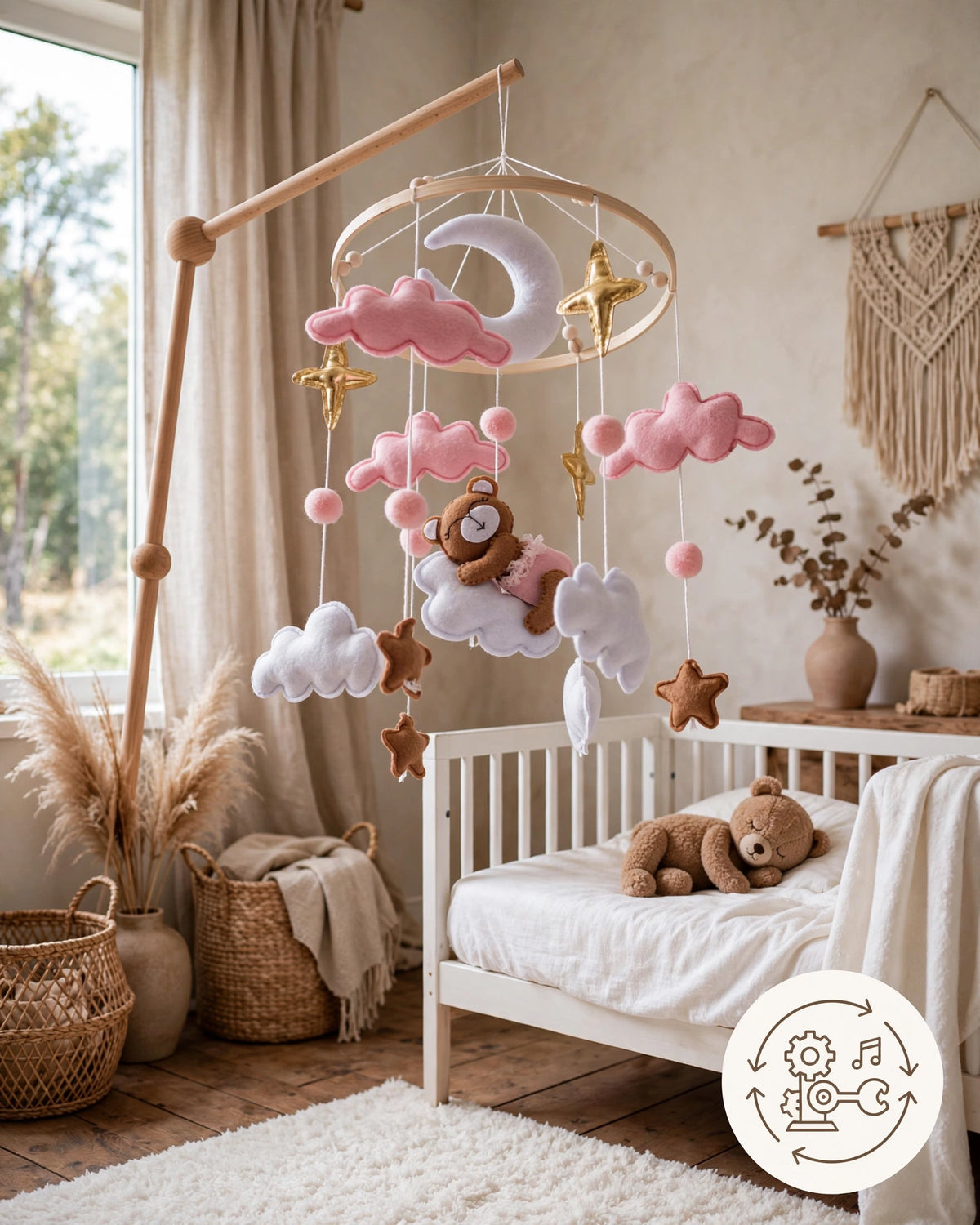 Handmade Pink Bear & Star Crib Mobile | Gender Neutral Nursery Bell