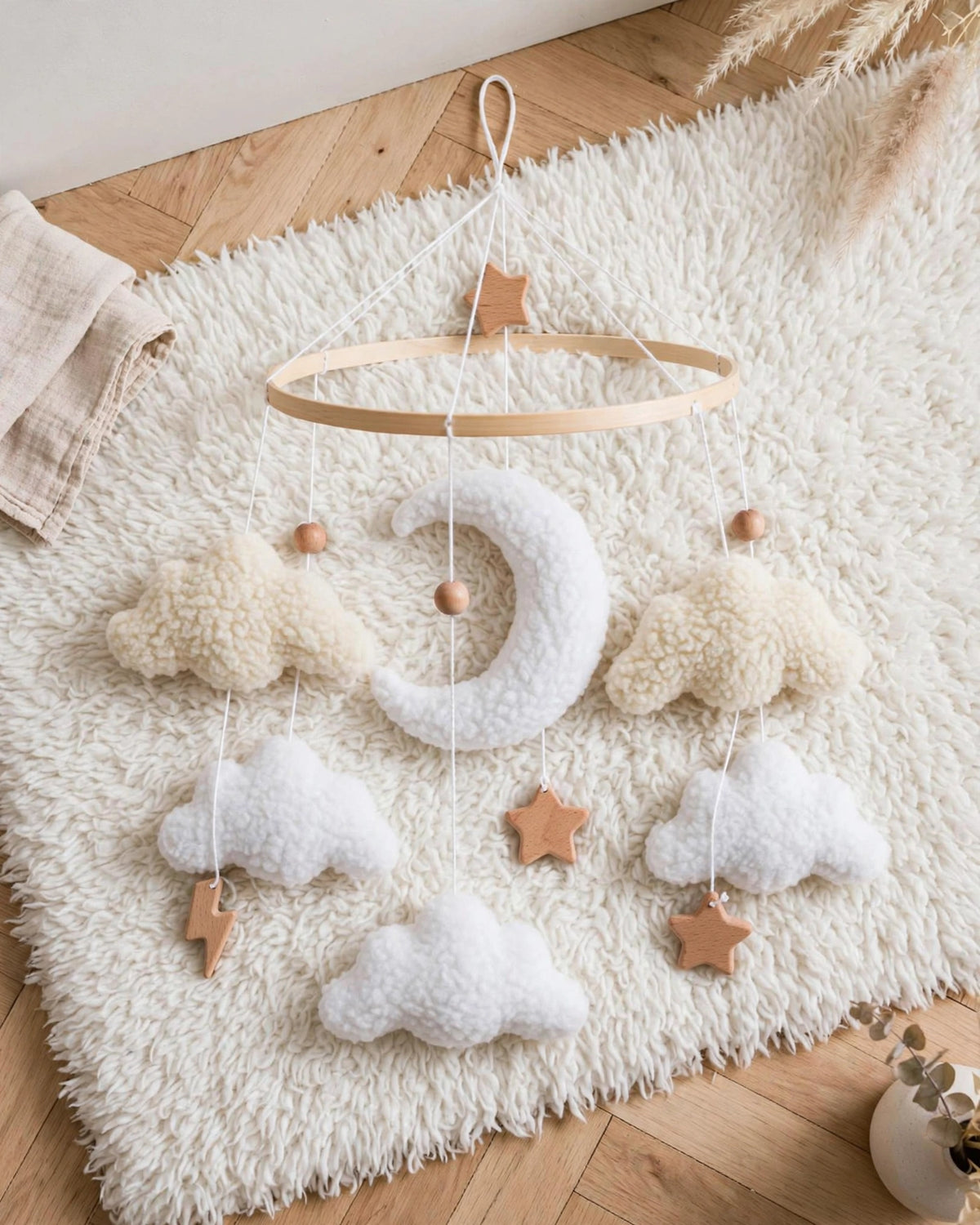 Beige Lambswool Baby Crib Mobile – Gender Neutral Handmade Nursery Mobile