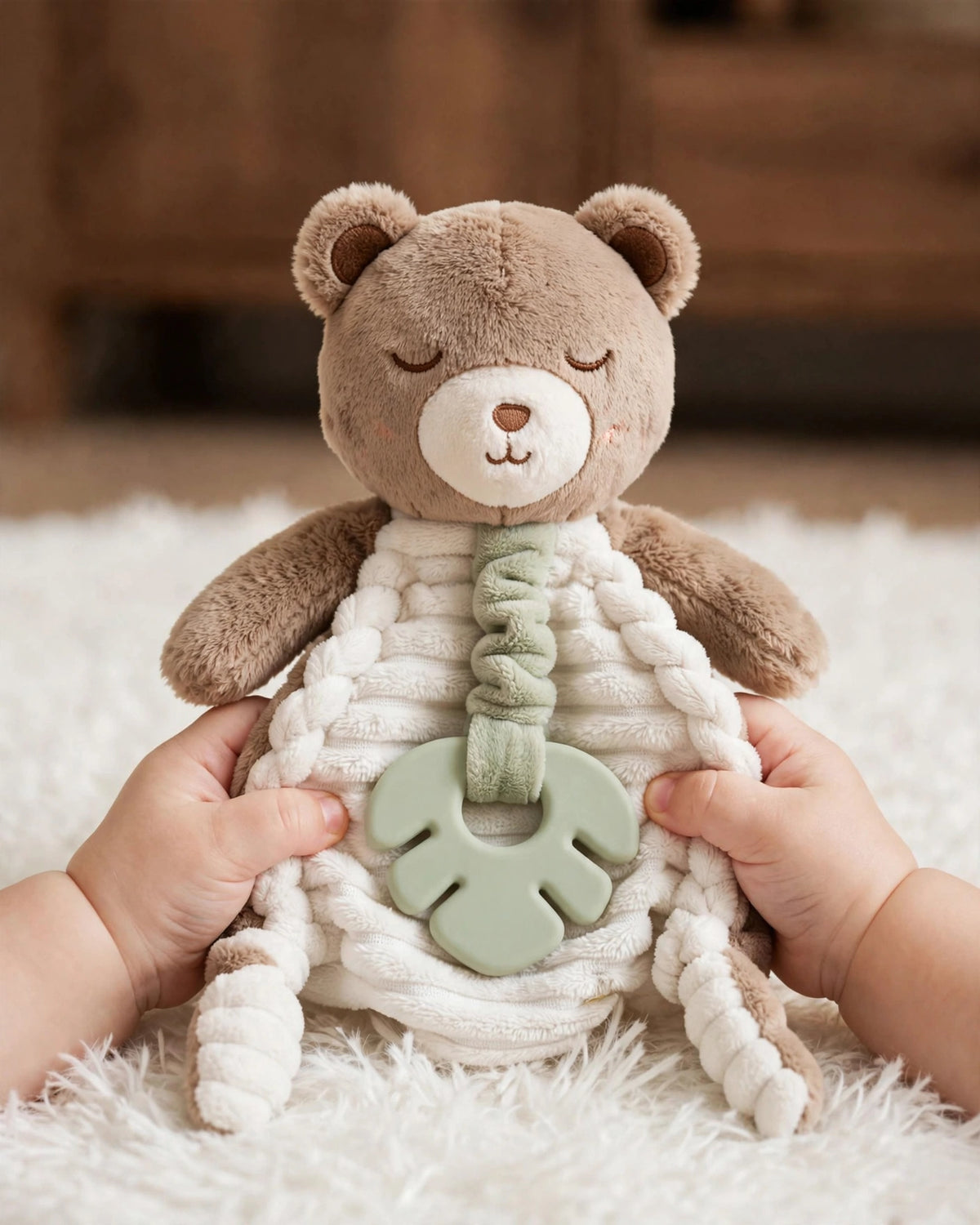 Infant Plush Bear Comfort Blanket – Sensory Cloth Book, Teething Ring & Hanging Toy