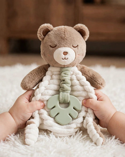 Infant Plush Bear Comfort Blanket – Sensory Cloth Book, Teething Ring & Hanging Toy