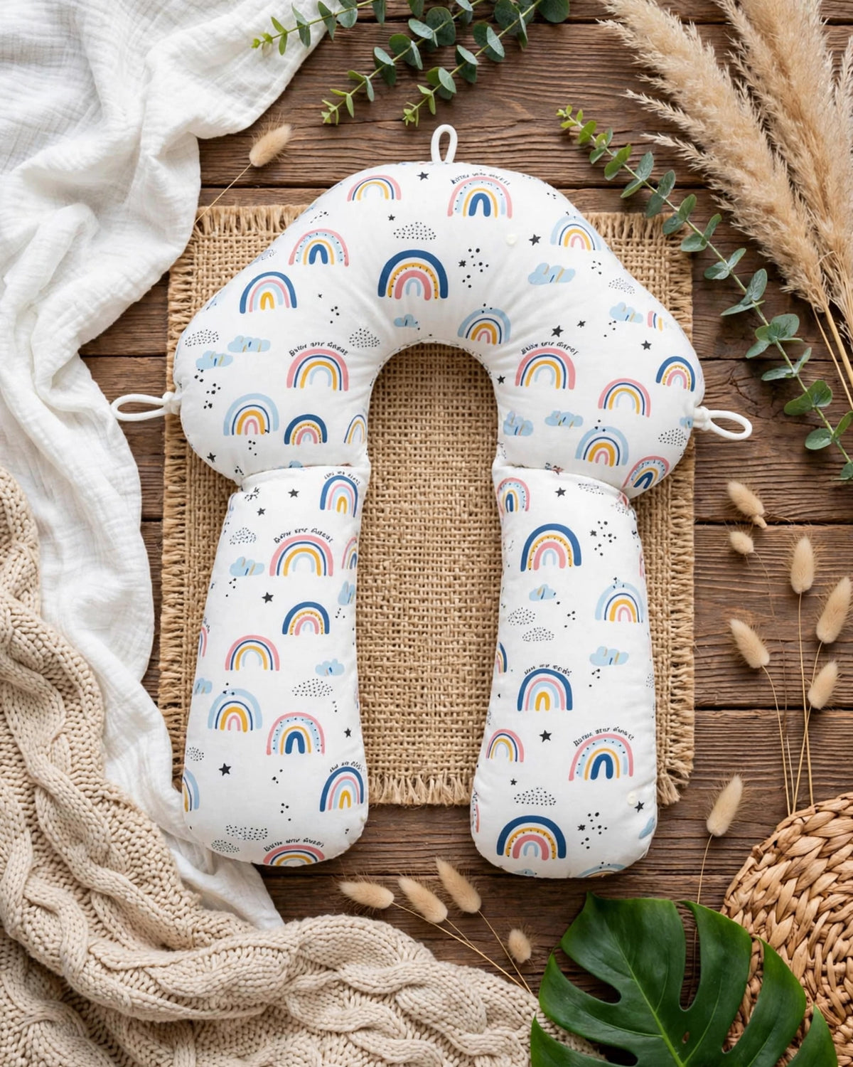 Baby Anti-Flat Head Pillow – Reversible 4-Season Cuddle Pillow, Leaf & Feather Design
