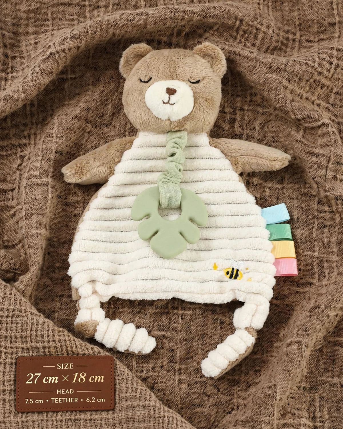 Infant Plush Bear Comfort Blanket – Sensory Cloth Book, Teething Ring & Hanging Toy