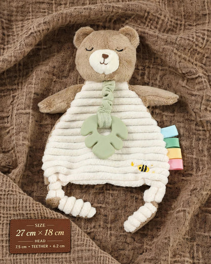 Infant Plush Bear Comfort Blanket – Sensory Cloth Book, Teething Ring & Hanging Toy