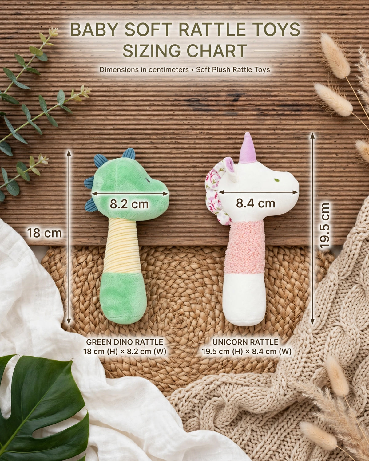 Plush Unicorn & Dinosaur Baby Rattle with Jingle Bell
