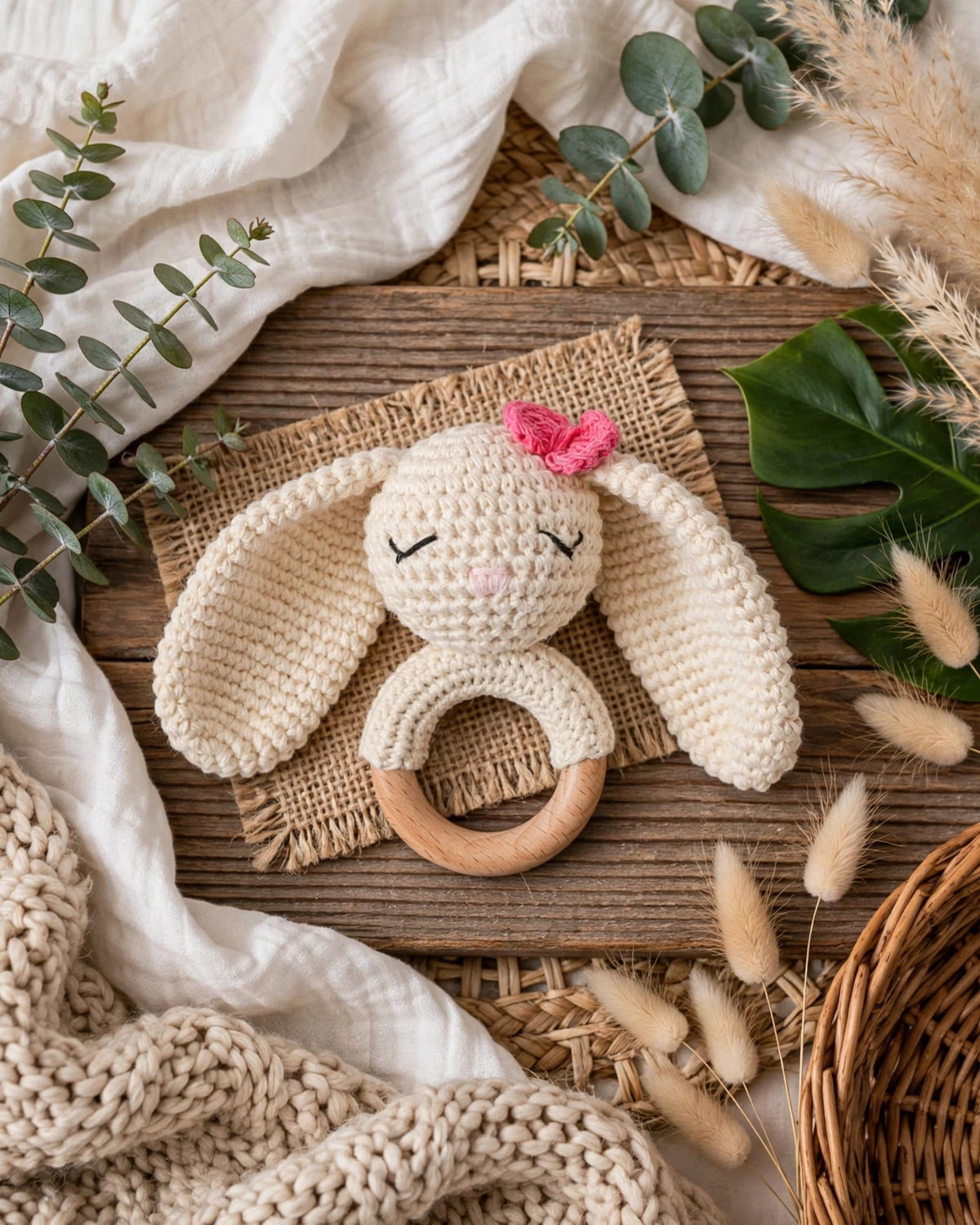 Handmade Woven Rabbit Rattle Toy – Soft Plush Bunny Ring for Infants