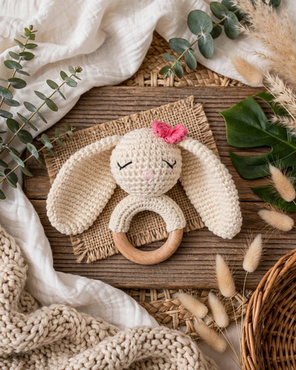 Handmade Woven Rabbit Rattle Toy – Soft Plush Bunny Ring for Infants