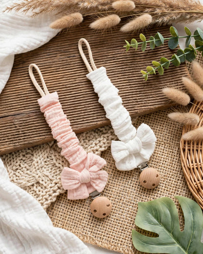 Baby Bowknot Pacifier Clips – 2pcs Wooden 3-Hole Holder, Solid & Printed