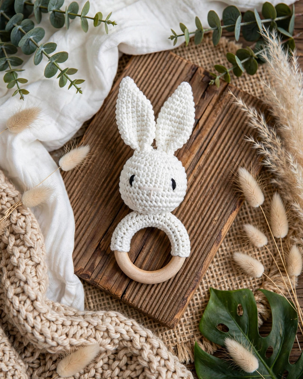 Crochet Colourful Rabbit Rattle Teething Stick – Baby Soothing Toy