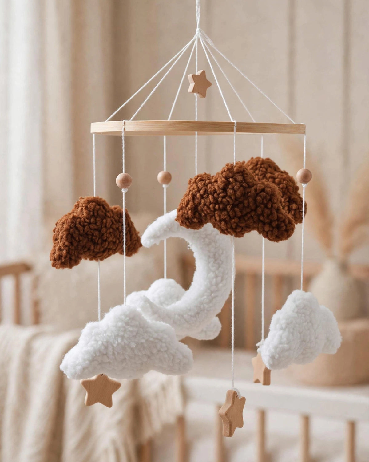 Beige Lambswool Baby Crib Mobile – Gender Neutral Handmade Nursery Mobile