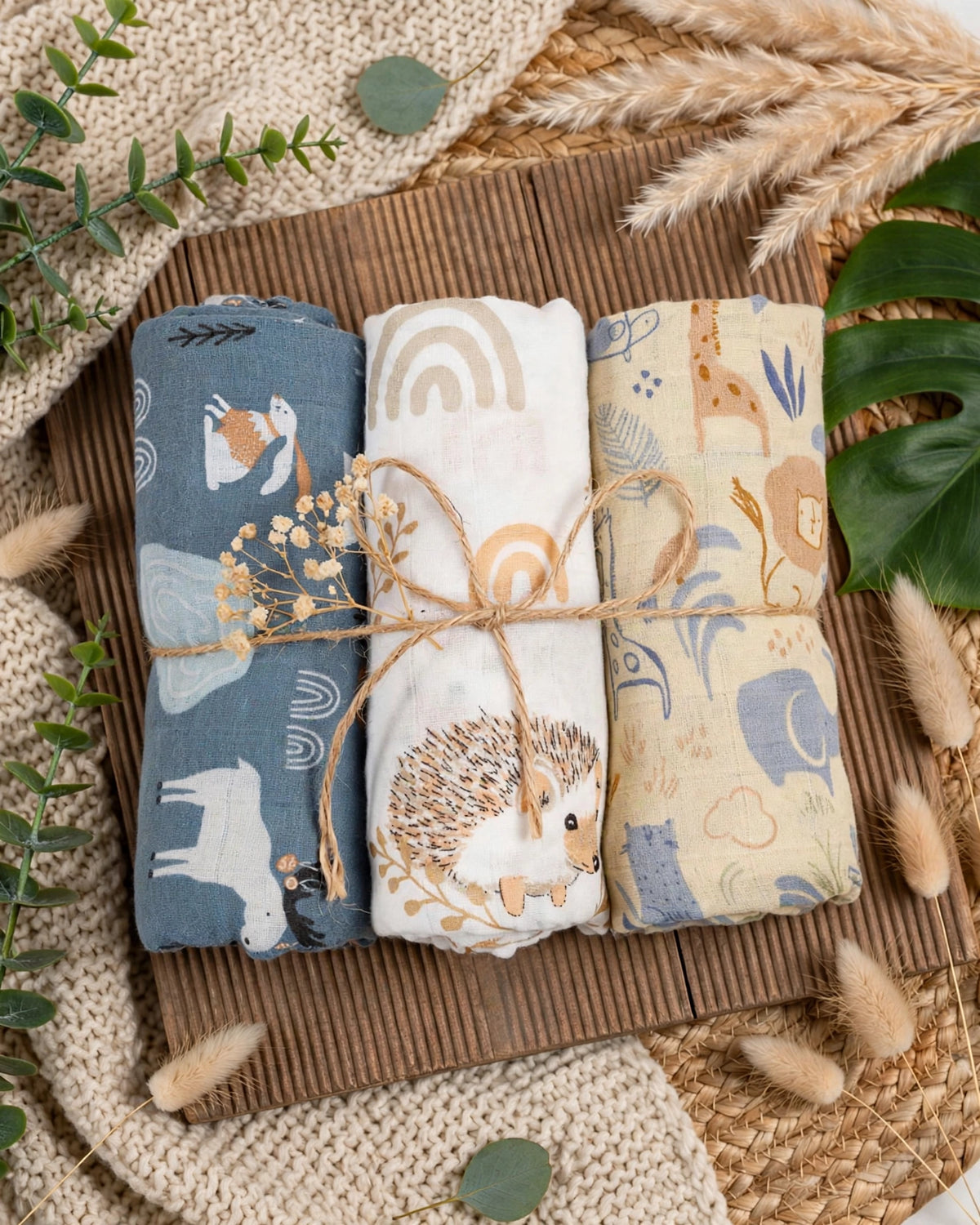 Happy Flute Baby Swaddle & Blanket Set – 3pcs Soft Cotton Yarn, 120×110cm
