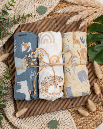 Happy Flute Baby Swaddle & Blanket Set – 3pcs Soft Cotton Yarn, 120×110cm