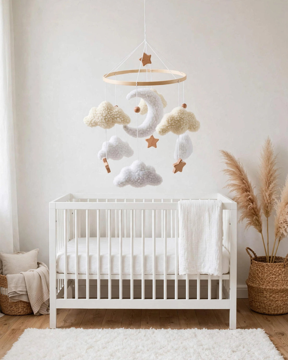 Beige Lambswool Baby Crib Mobile – Gender Neutral Handmade Nursery Mobile