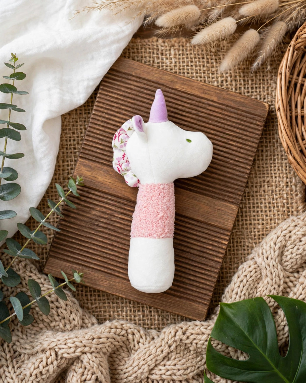 Plush Unicorn & Dinosaur Baby Rattle with Jingle Bell