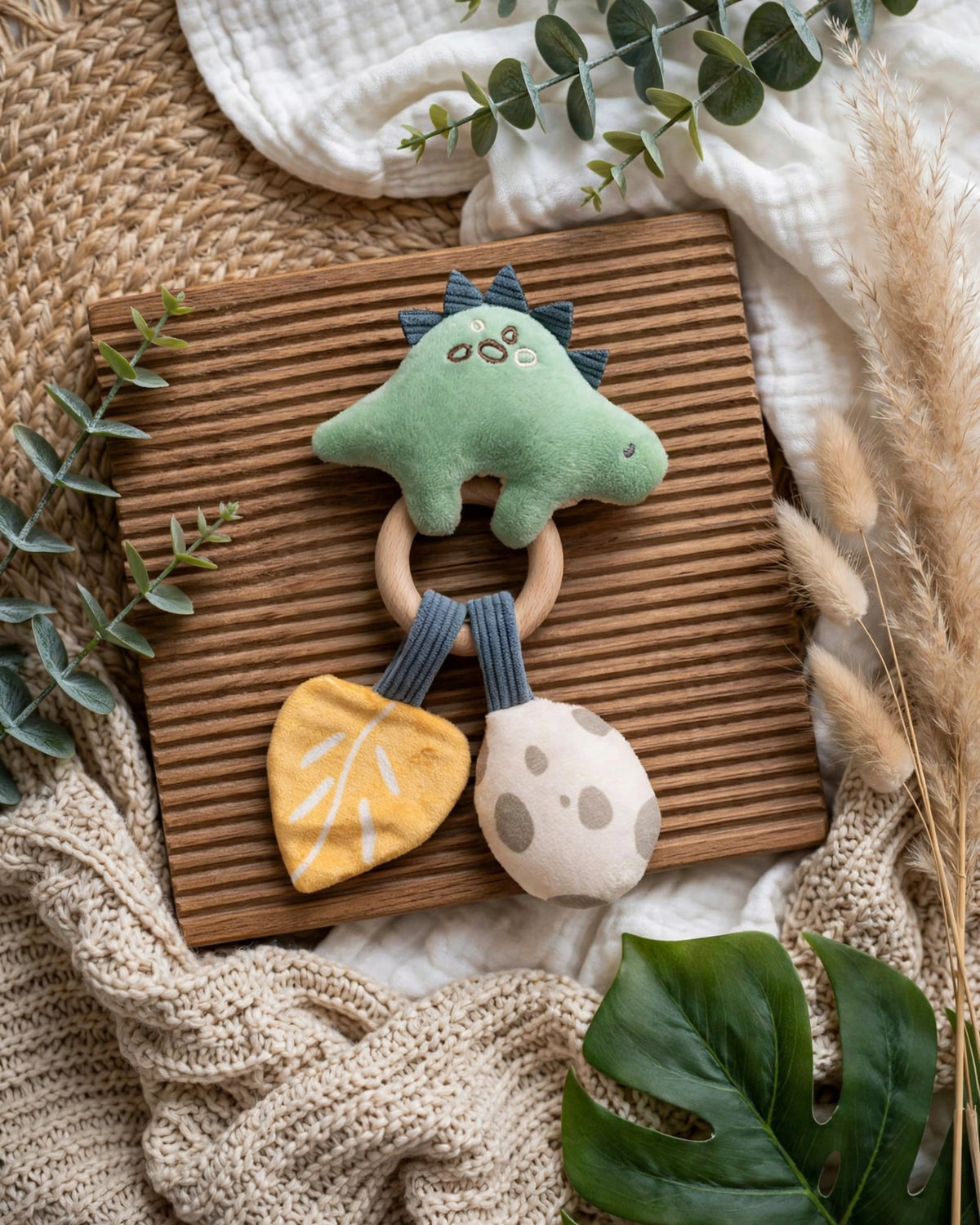 Wooden Teething Ring with Plush Unicorn & Dinosaur Rattle