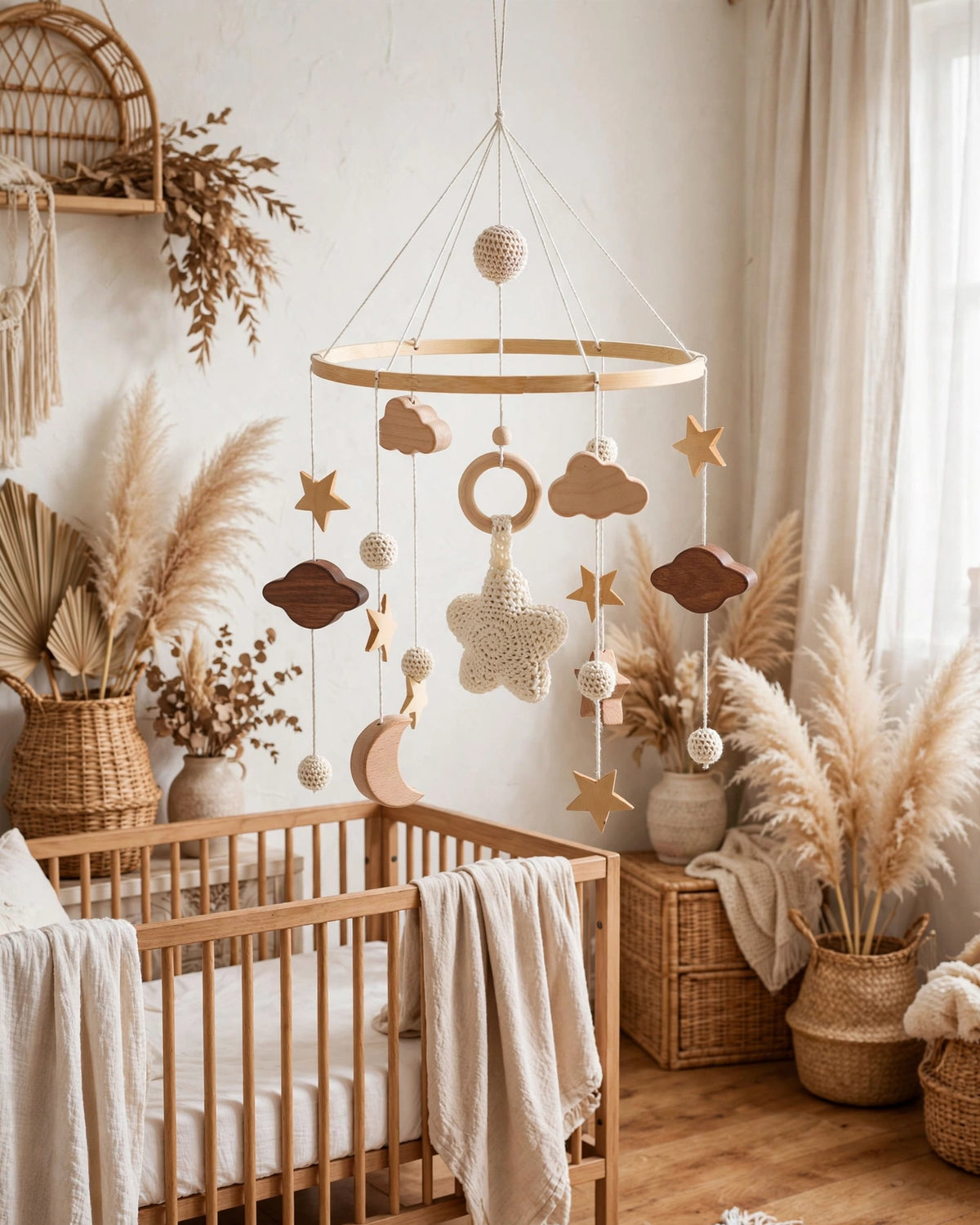 Handmade Crochet Starry Crib Mobile | Wooden Nursery Pendant | Baby Bed Bell