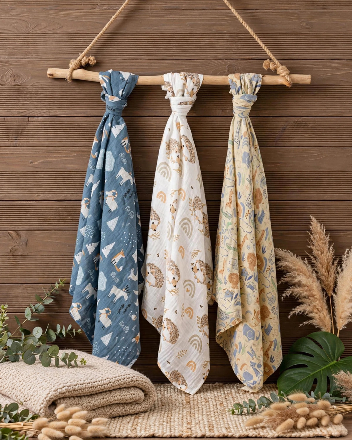 Happy Flute Baby Swaddle & Blanket Set – 3pcs Soft Cotton Yarn, 120×110cm
