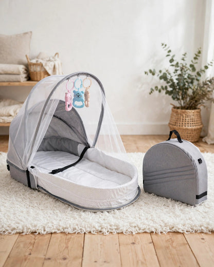 Portable Baby Travel Crib with Mosquito Net | Foldable Newborn Cradle | Grey
