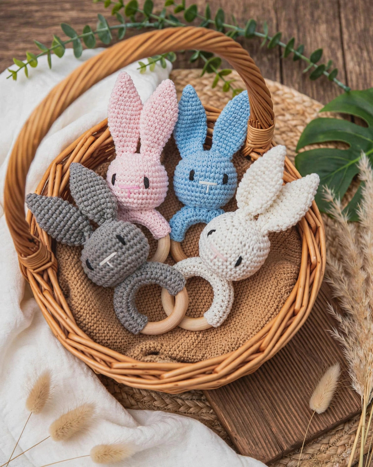 Crochet Colourful Rabbit Rattle Teething Stick – Baby Soothing Toy