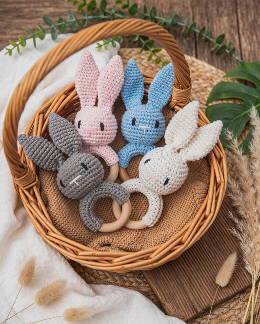 Crochet Colourful Rabbit Rattle Teething Stick – Baby Soothing Toy