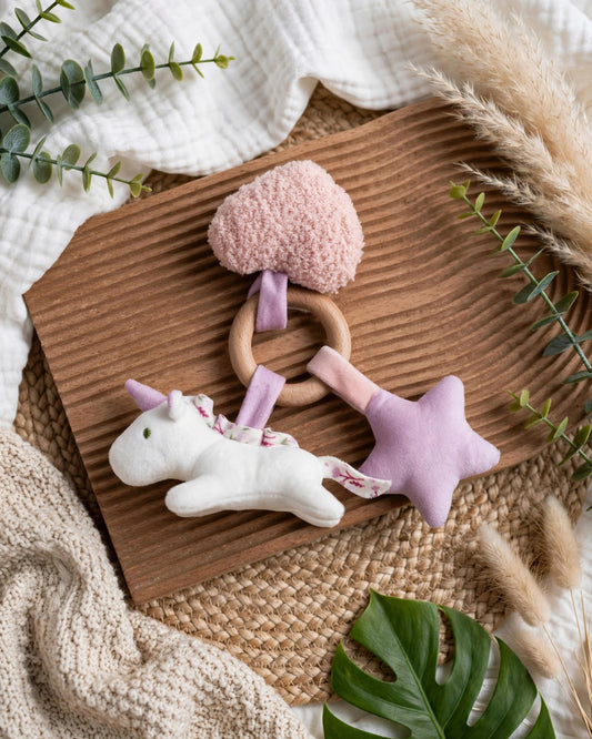 Wooden Teething Ring with Plush Unicorn & Dinosaur Rattle