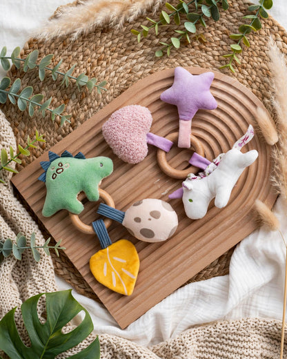 Wooden Teething Ring with Plush Unicorn & Dinosaur Rattle