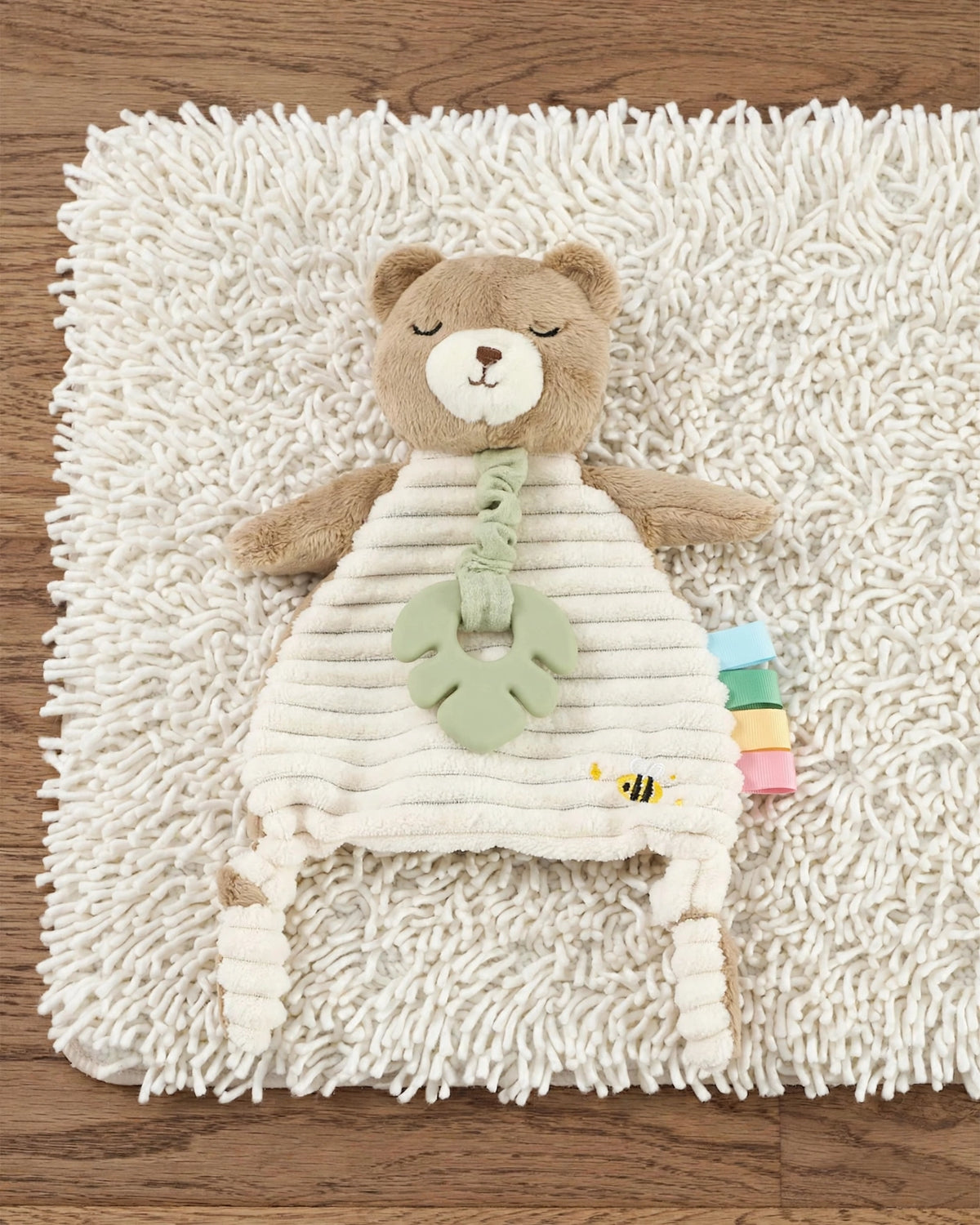 Infant Plush Bear Comfort Blanket – Sensory Cloth Book, Teething Ring & Hanging Toy