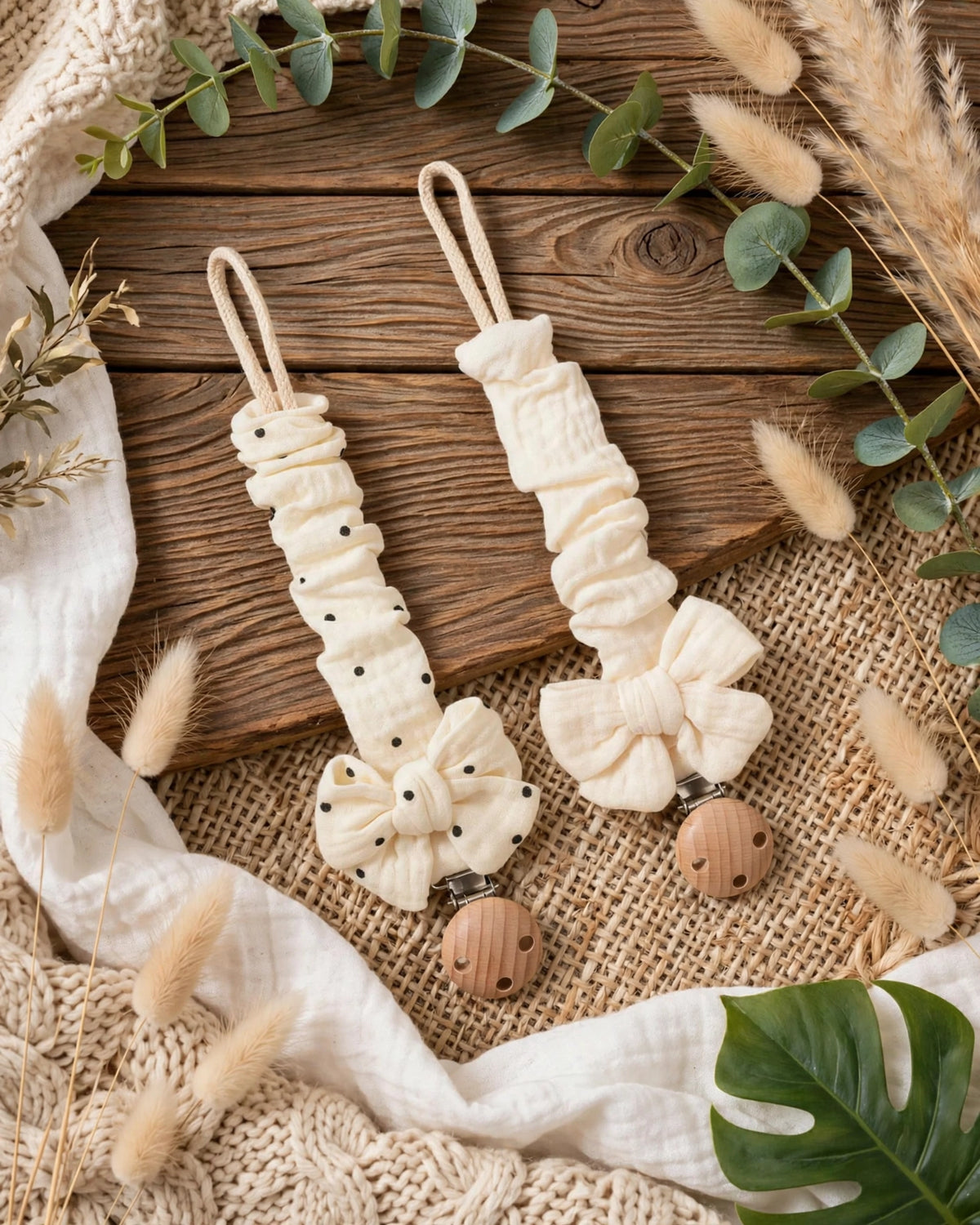 Baby Bowknot Pacifier Clips – 2pcs Wooden 3-Hole Holder, Solid & Printed