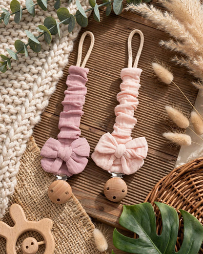 Baby Bowknot Pacifier Clips – 2pcs Wooden 3-Hole Holder, Solid & Printed