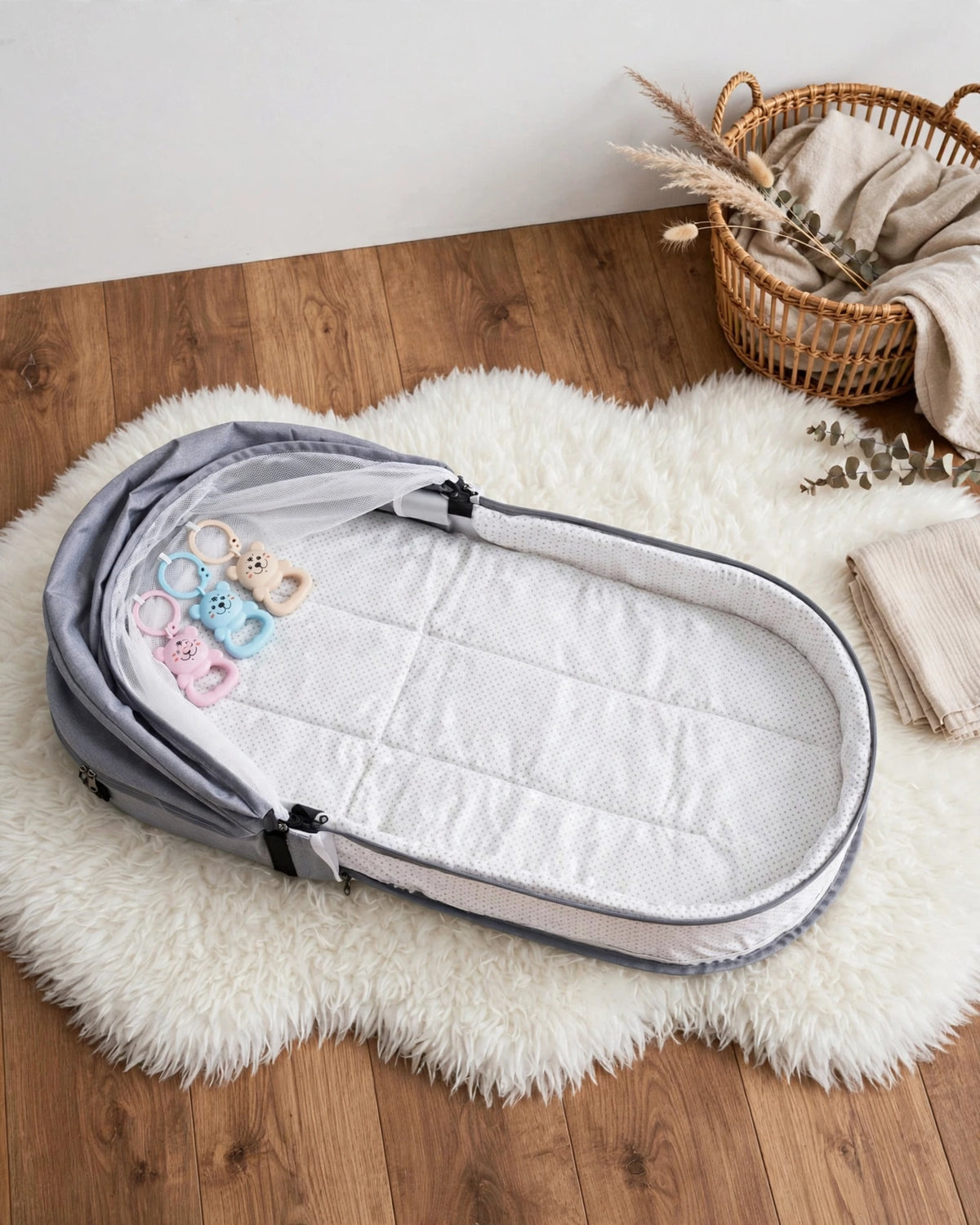 Portable Baby Travel Crib with Mosquito Net | Foldable Newborn Cradle | Grey
