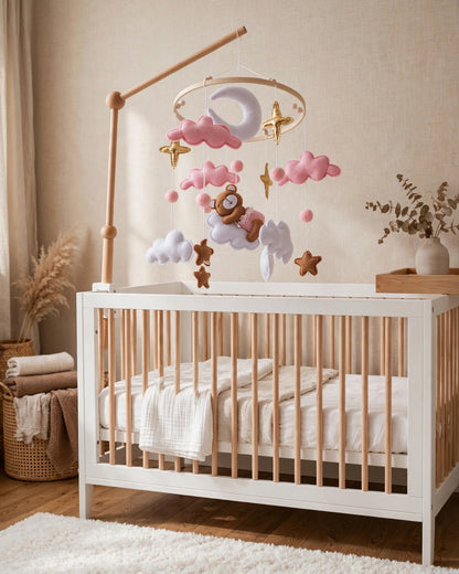 Handmade Pink Bear & Star Crib Mobile | Gender Neutral Nursery Bell