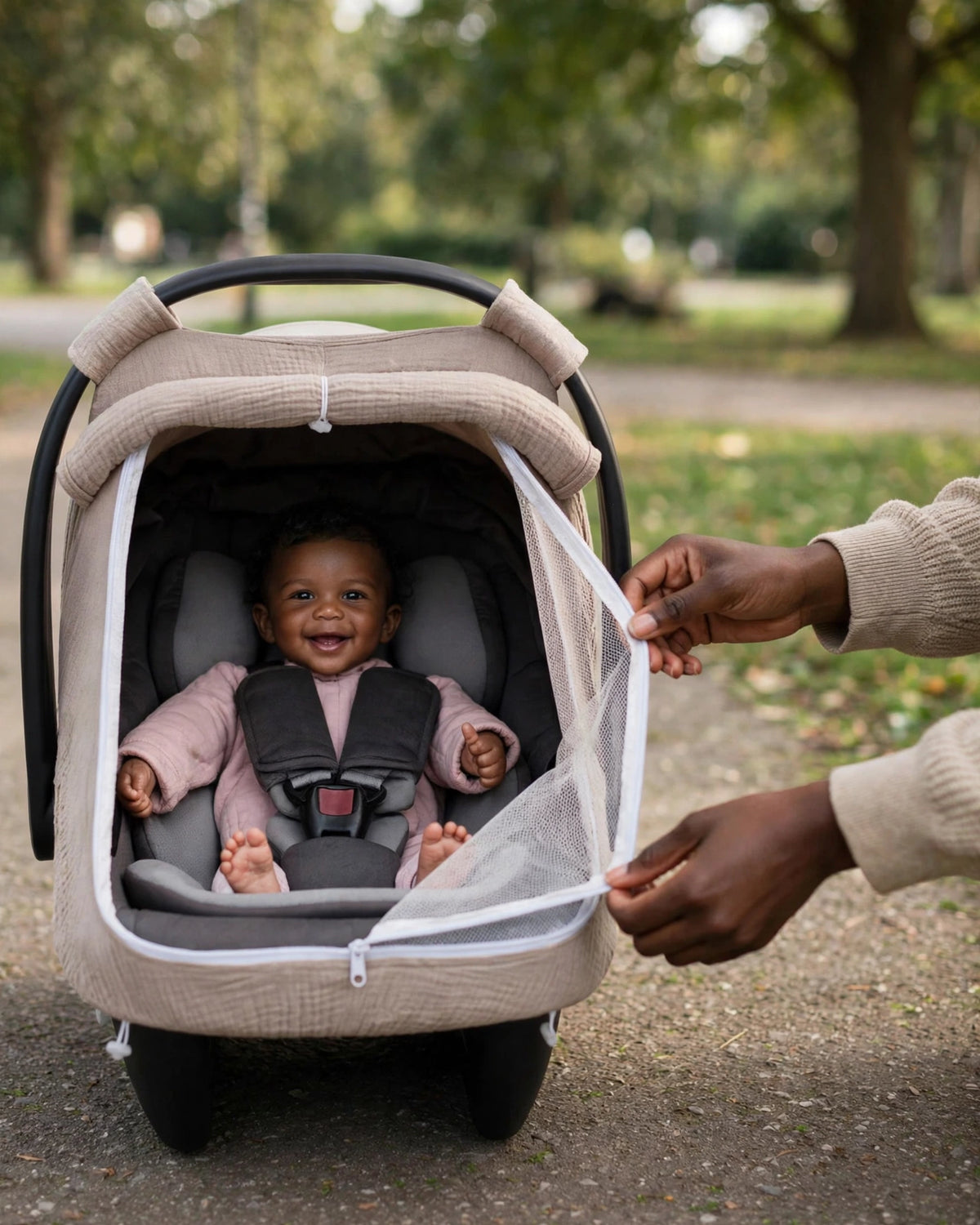 Baby Car Seat Cover – Breathable Cotton Canopy with Large Mesh Window.