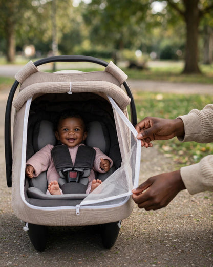 Baby Car Seat Cover – Breathable Cotton Canopy with Large Mesh Window.
