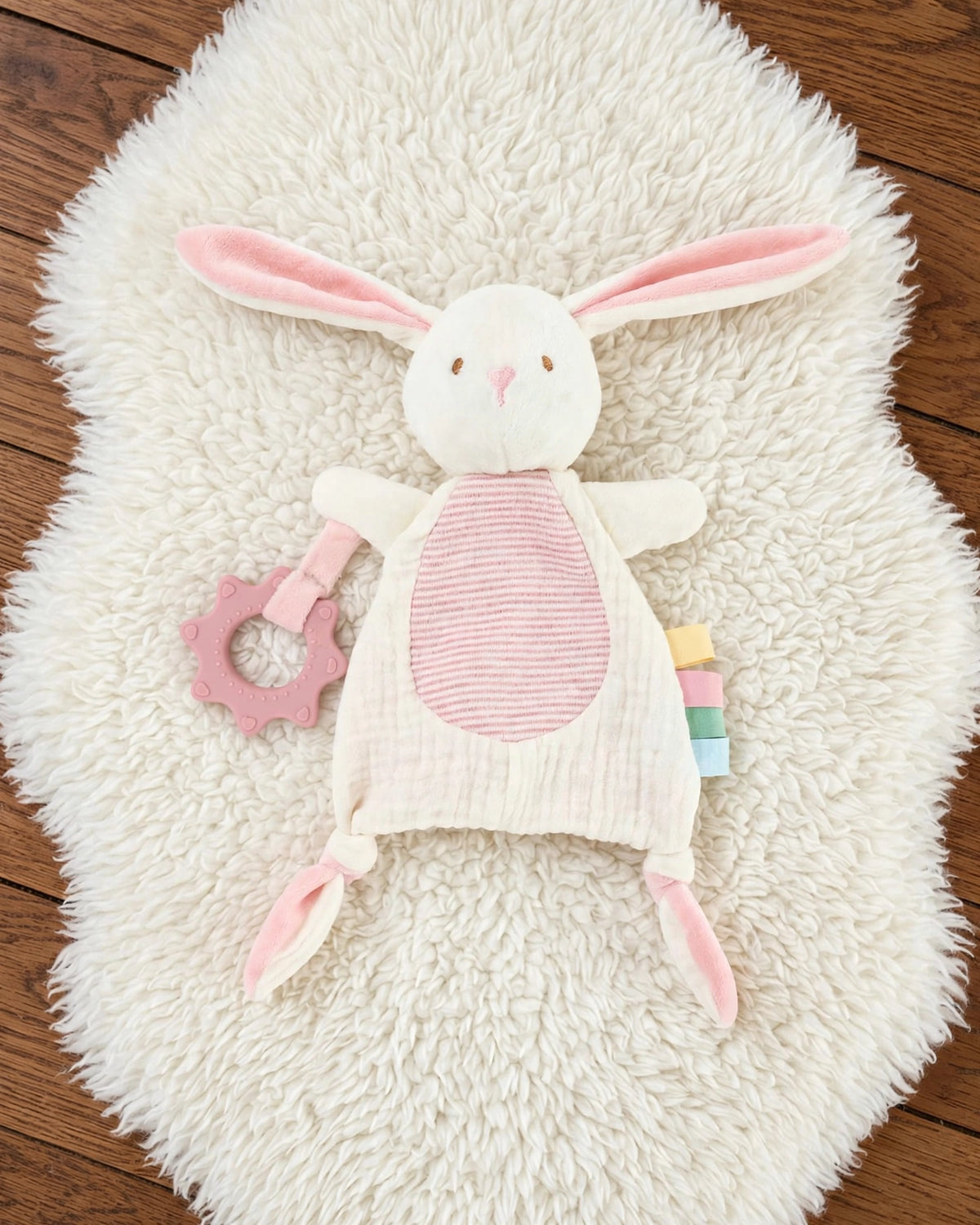 Infant Plush Rabbit Comfort Blanket – Sensory Cloth Book, Teething Ring & Hanging Toy