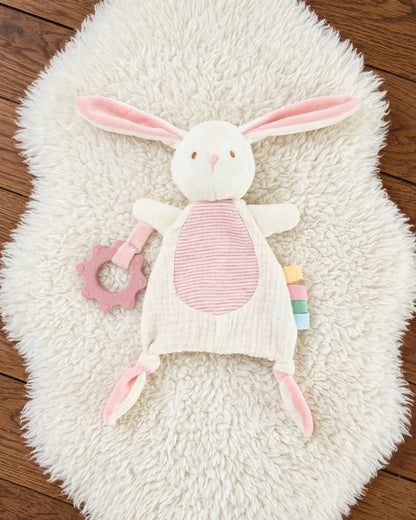 Infant Plush Rabbit Comfort Blanket – Sensory Cloth Book, Teething Ring & Hanging Toy