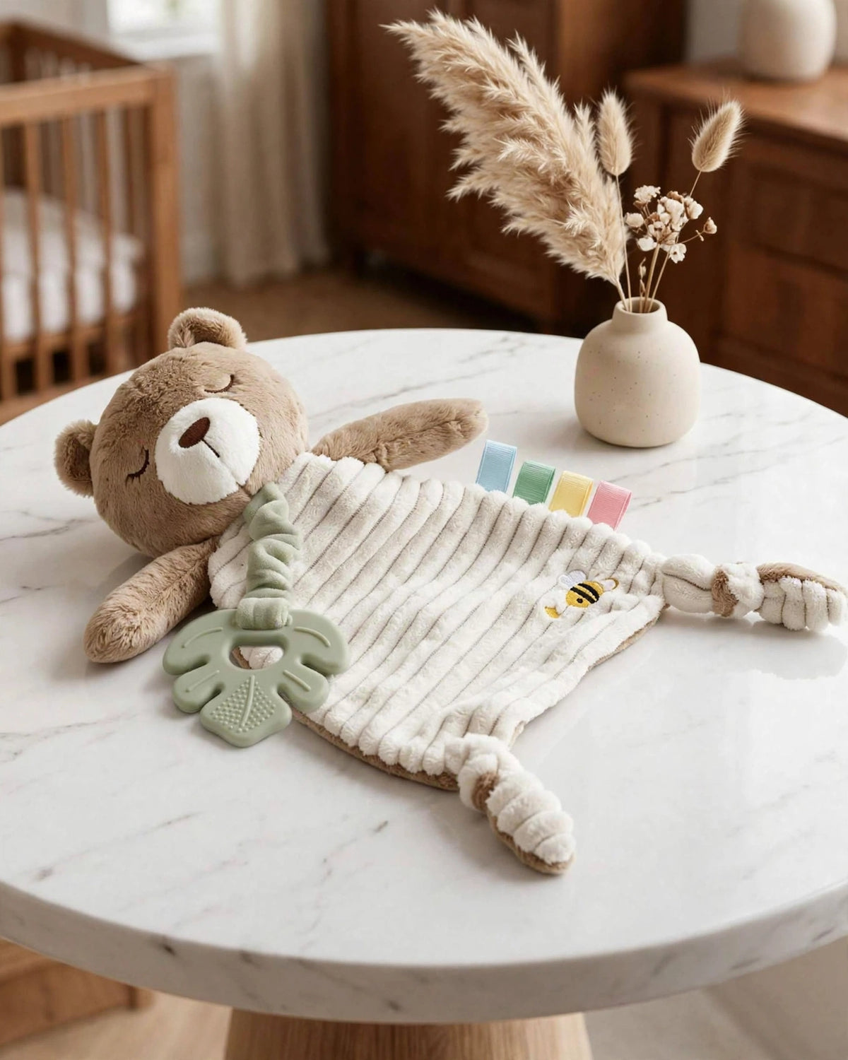 Infant Plush Bear Comfort Blanket – Sensory Cloth Book, Teething Ring & Hanging Toy