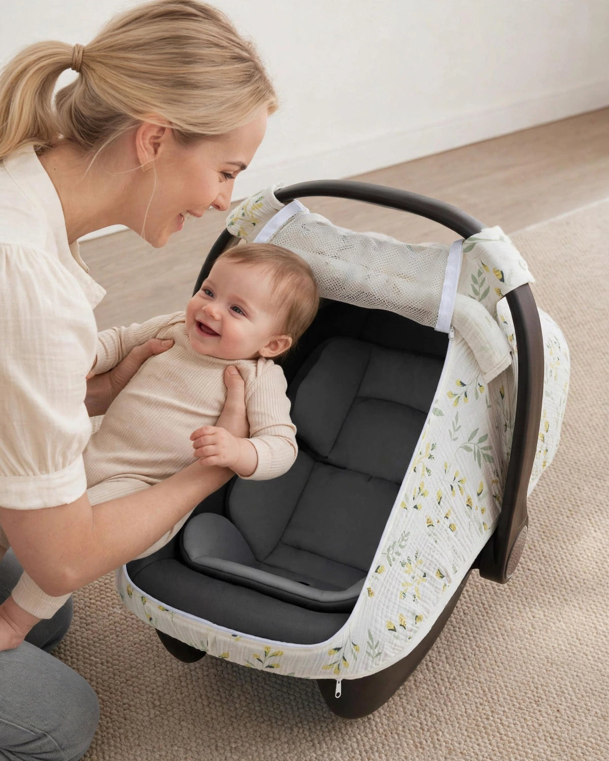 Baby Car Seat Cover – Breathable Cotton Canopy with Large Mesh Window.
