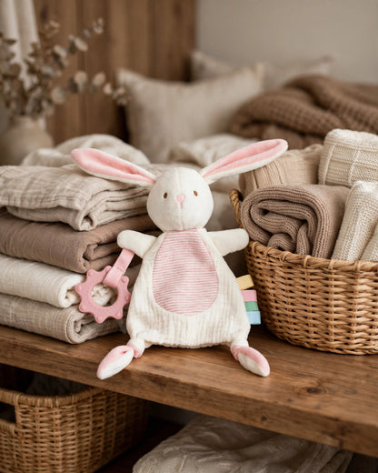 Infant Plush Rabbit Comfort Blanket – Sensory Cloth Book, Teething Ring & Hanging Toy