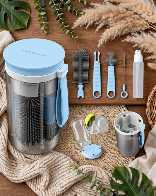 Portable Silicone Bottle & Nipple Brush Kit with Drying Rack