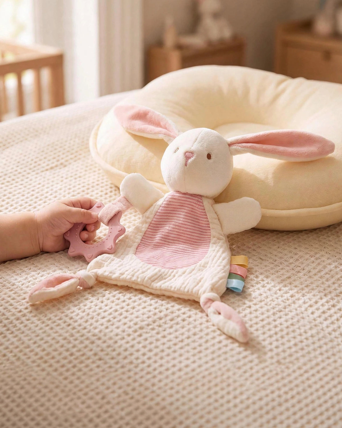 Infant Plush Rabbit Comfort Blanket – Sensory Cloth Book, Teething Ring & Hanging Toy
