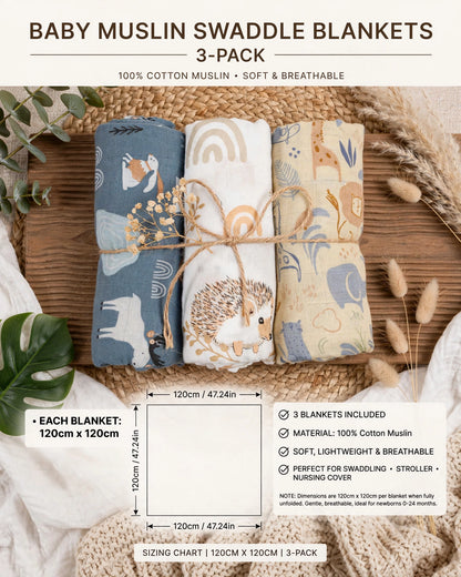 Happy Flute Baby Swaddle & Blanket Set – 3pcs Soft Cotton Yarn, 120×110cm