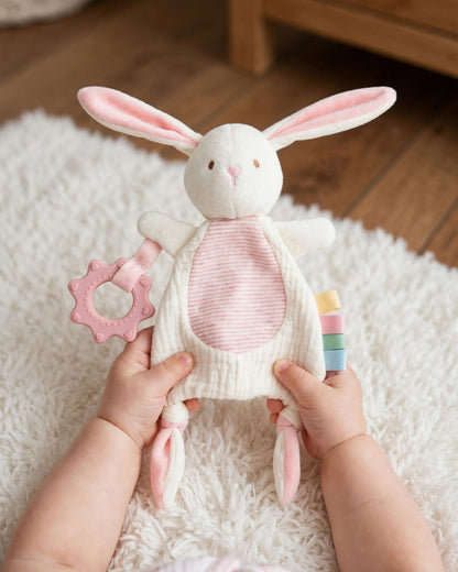 Infant Plush Rabbit Comfort Blanket – Sensory Cloth Book, Teething Ring & Hanging Toy