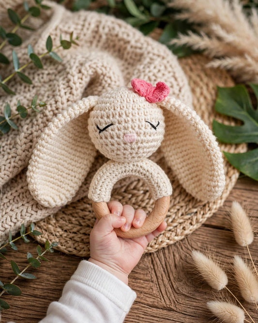 Handmade Woven Rabbit Rattle Toy – Soft Plush Bunny Ring for Infants