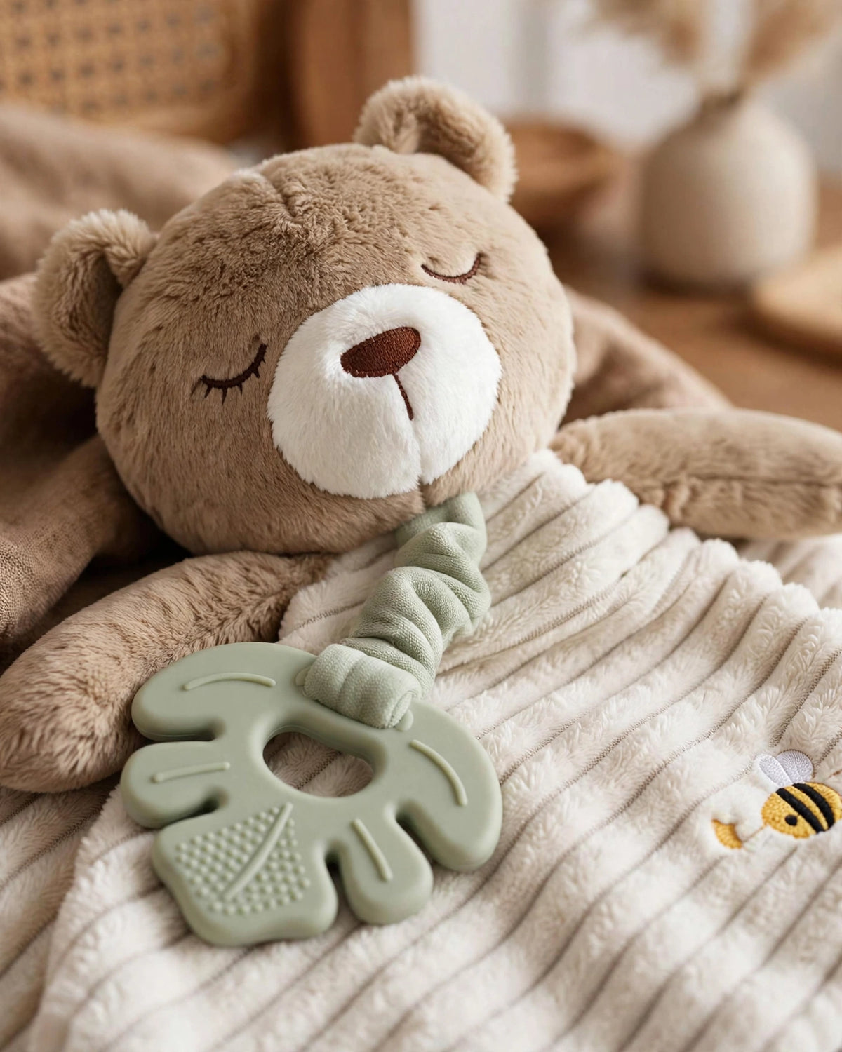 Infant Plush Bear Comfort Blanket – Sensory Cloth Book, Teething Ring & Hanging Toy