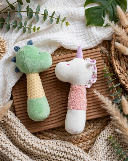 Plush Unicorn & Dinosaur Baby Rattle with Jingle Bell