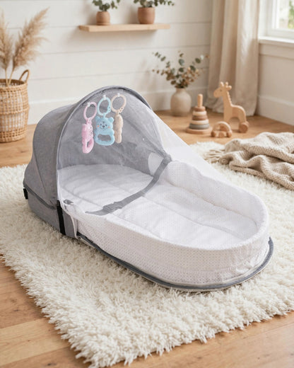 Portable Baby Travel Crib with Mosquito Net | Foldable Newborn Cradle | Grey