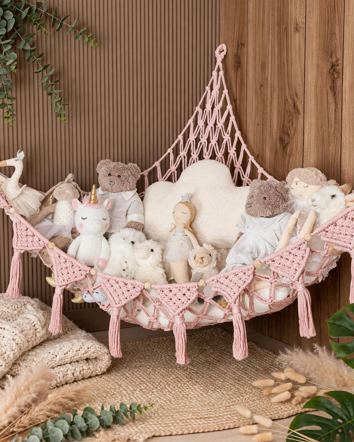 Knitted Corner Hammock Net Bag – Plush Toy Storage Swing