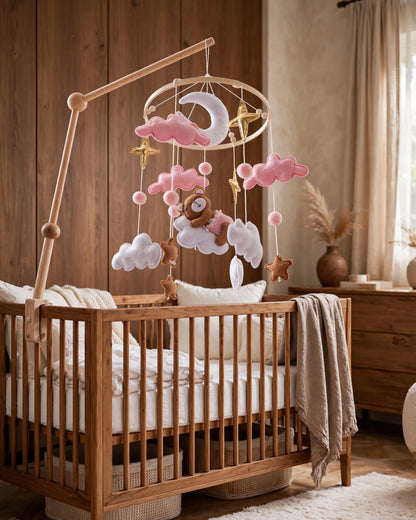 Handmade Pink Bear & Star Crib Mobile | Gender Neutral Nursery Bell