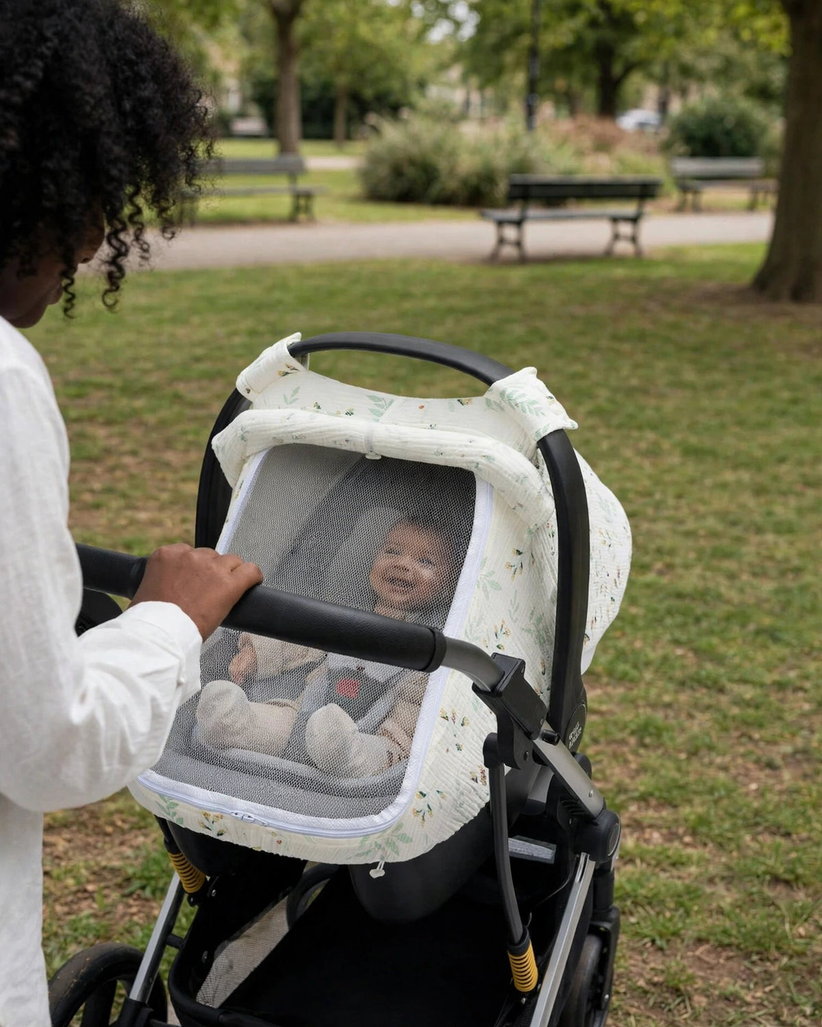 Baby Car Seat Cover – Breathable Cotton Canopy with Large Mesh Window.